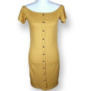 SAY WHAT? RIBBED YELLOW MIDI OFF-THE-SHOULDER DRESS SZ.L EUC
